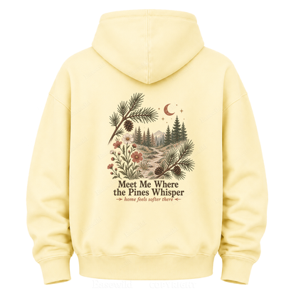Meet Me Where the Pines Whisper Vintage Woodland Graphic Hoodie