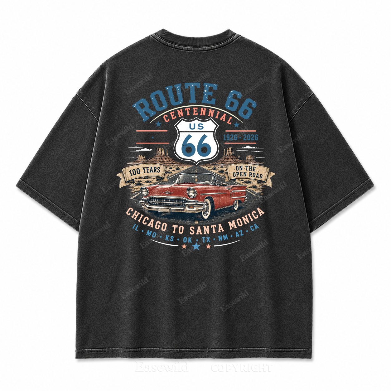 Route 66 Centennial Vintage Car Washed Back Print Tee