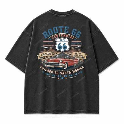 Route 66 Centennial Vintage Car Washed Back Print Tee