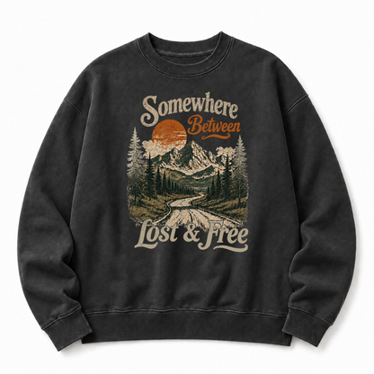 Somewhere Between Lost & Free Front Graphic Washed Crewneck