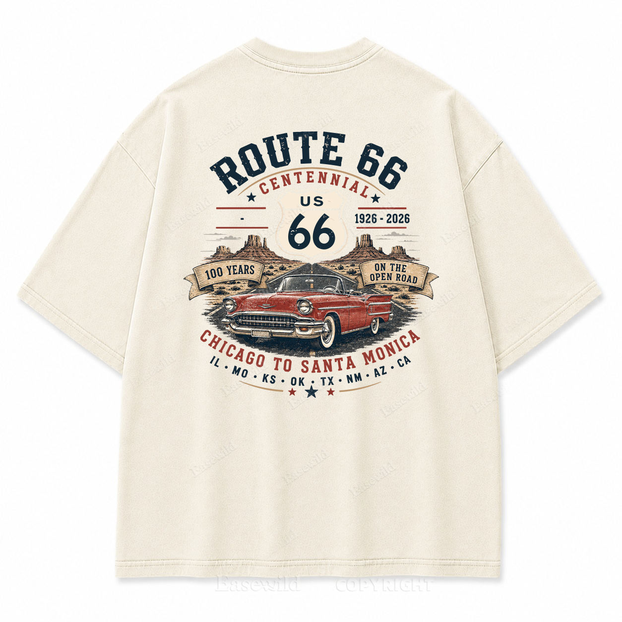 Route 66 Centennial Vintage Car Washed Back Print Tee