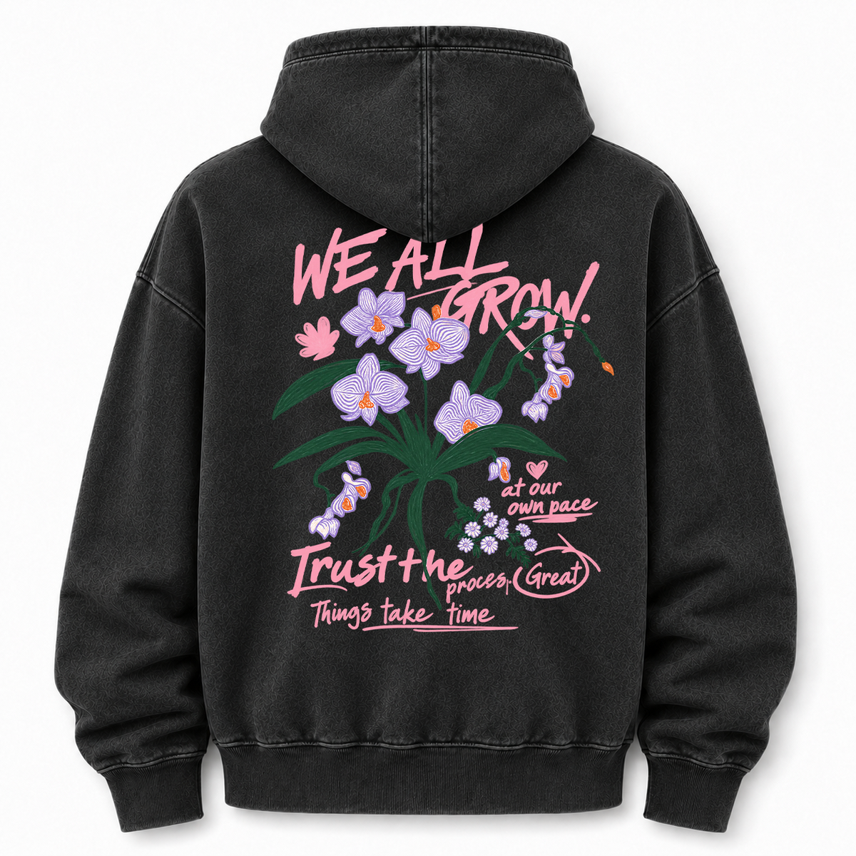We All Grow Floral Botanical Washed Graphic Hoodie