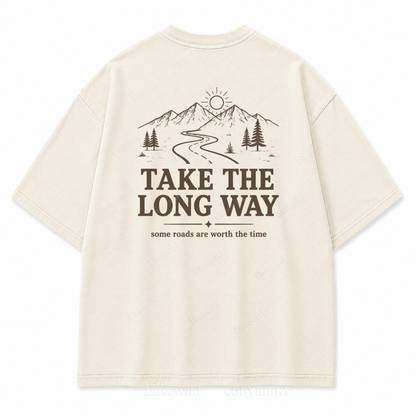Take the Long Way Mountain Washed Back Print Tee