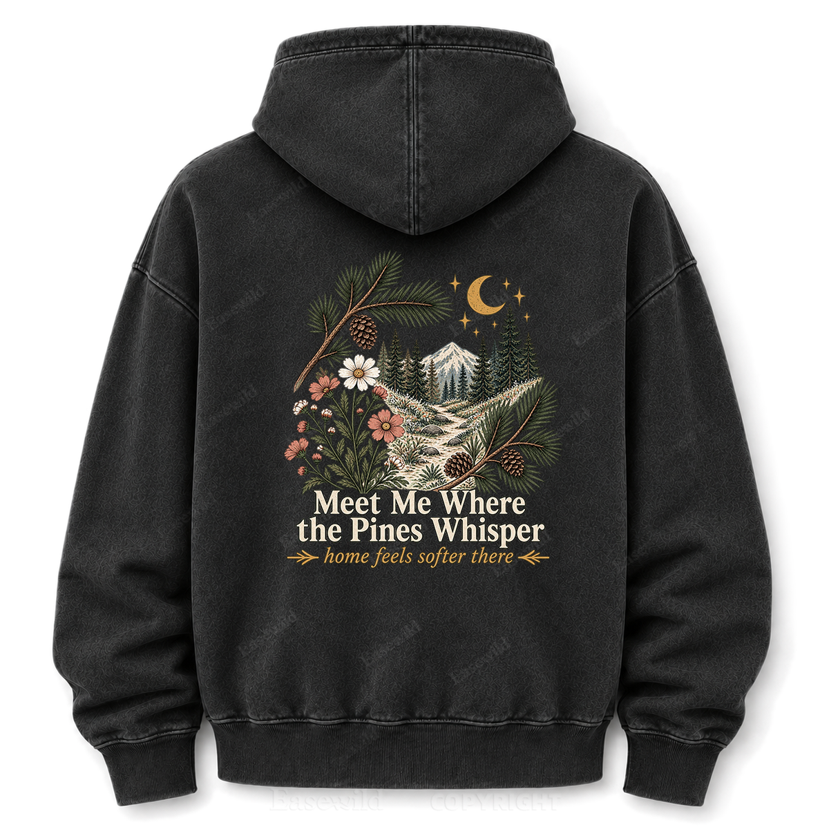 Meet Me Where the Pines Whisper Vintage Woodland Washed Graphic Hoodie