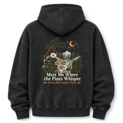 Meet Me Where the Pines Whisper Vintage Woodland Washed Graphic Hoodie