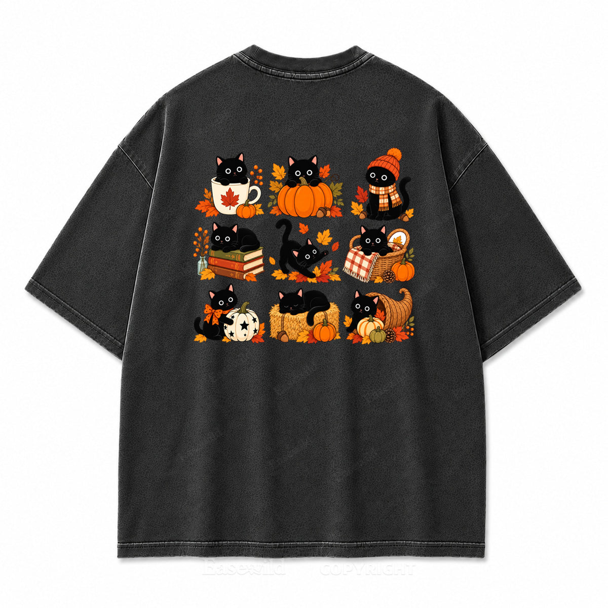 Autumn Black Cats & Pumpkins Washed Graphic T-Shirt