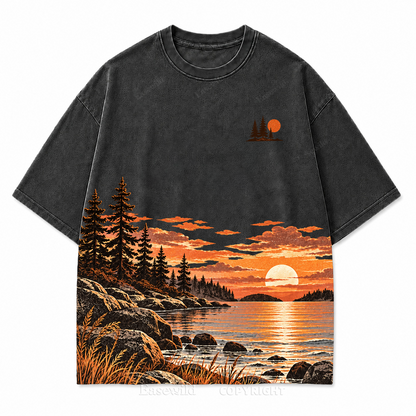 Vintage Sunset & Pine Trees Landscape Washed Graphic T-Shirt
