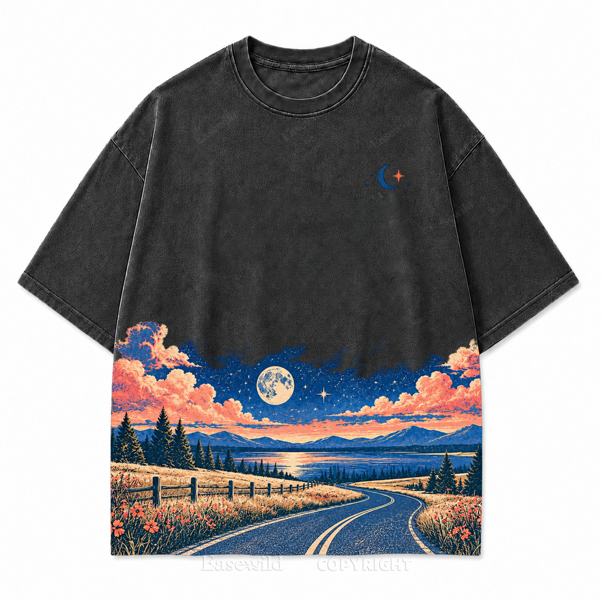 Vintage Moonlit Road & Lake Washed Graphic T-Shirt