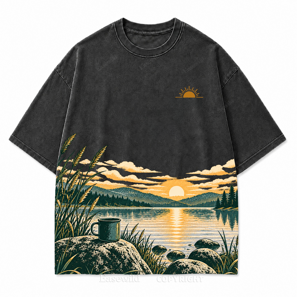Vintage Lake Sunrise & Camping Mug Washed Graphic T-Shirt