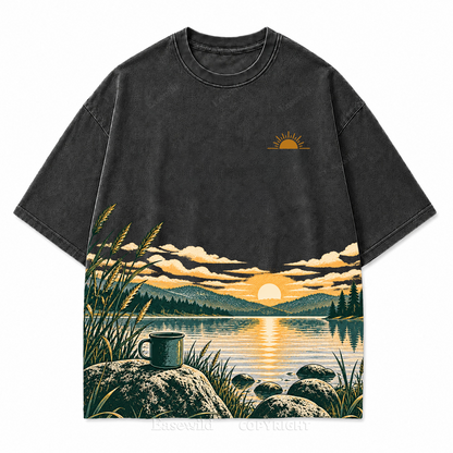 Vintage Lake Sunrise & Camping Mug Washed Graphic T-Shirt