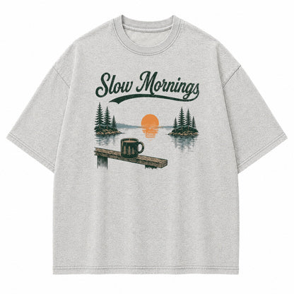 Slow Mornings Lake Coffee Graphic T-Shirt