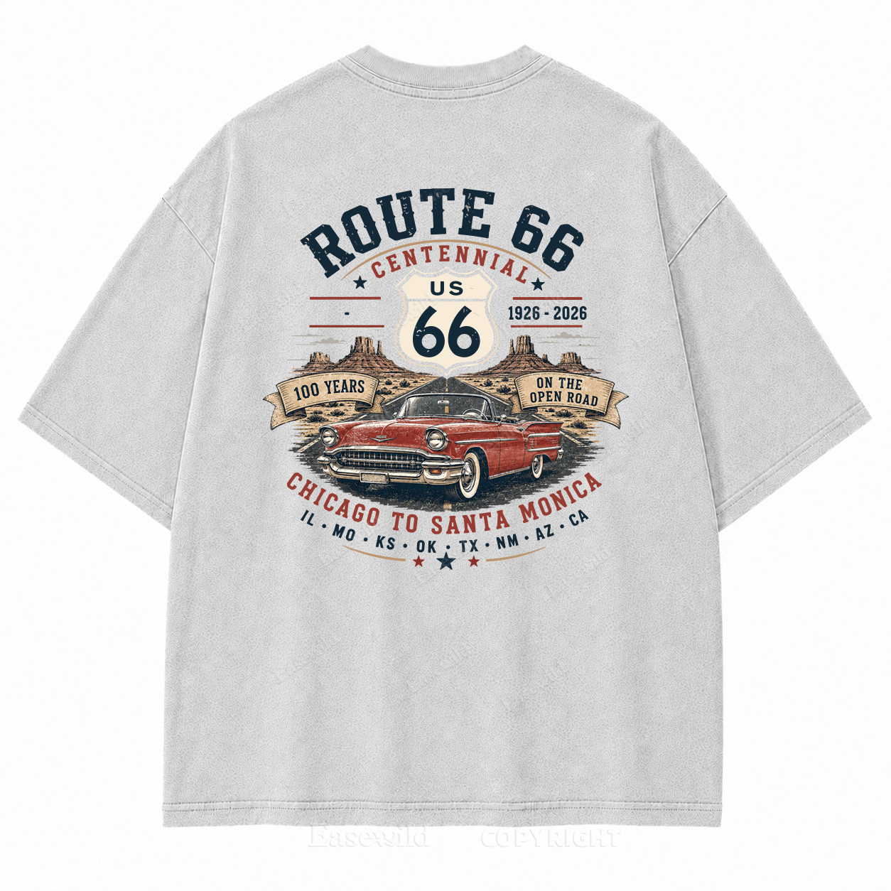 Route 66 Centennial Vintage Car Washed Back Print Tee