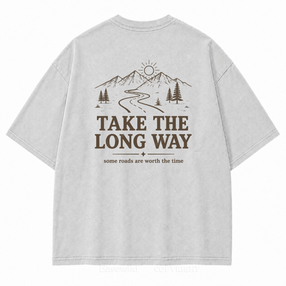 Take the Long Way Mountain Washed Back Print Tee