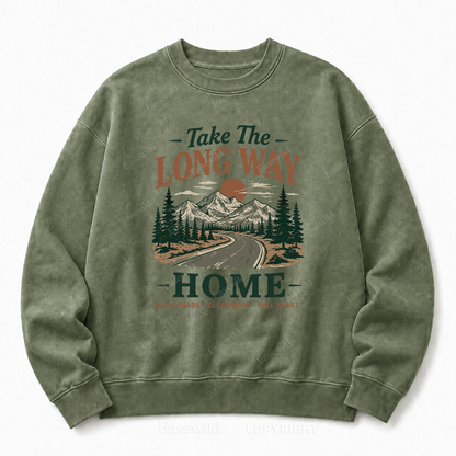 Take the Long Way Home Front Graphic Washed Crewneck