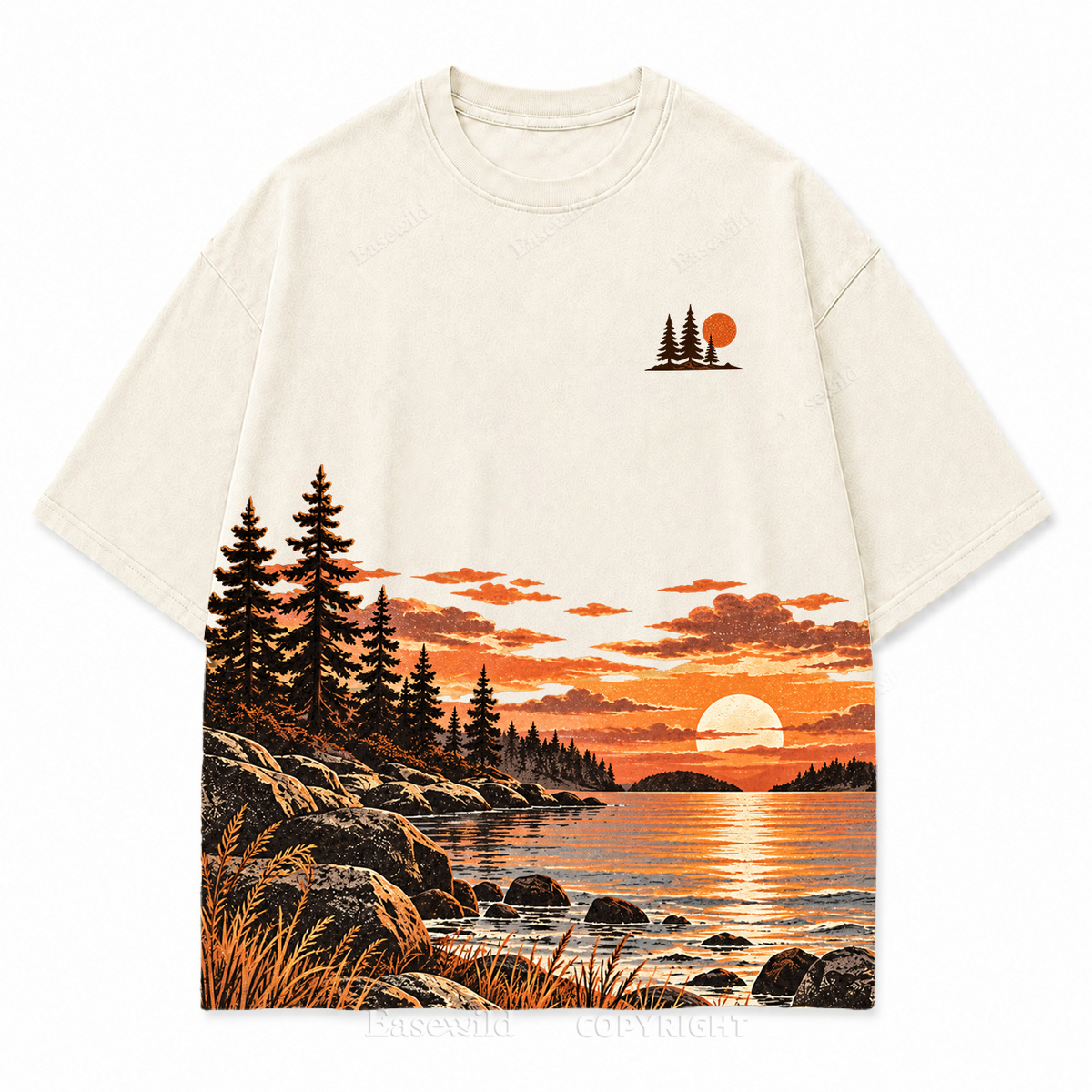 Vintage Sunset & Pine Trees Landscape Washed Graphic T-Shirt
