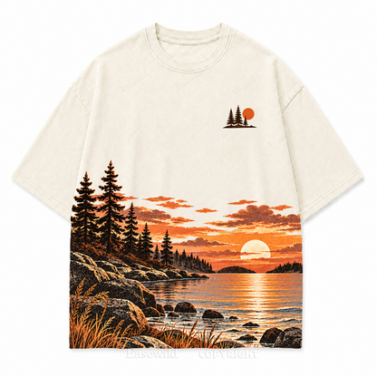 Vintage Sunset & Pine Trees Landscape Washed Graphic T-Shirt
