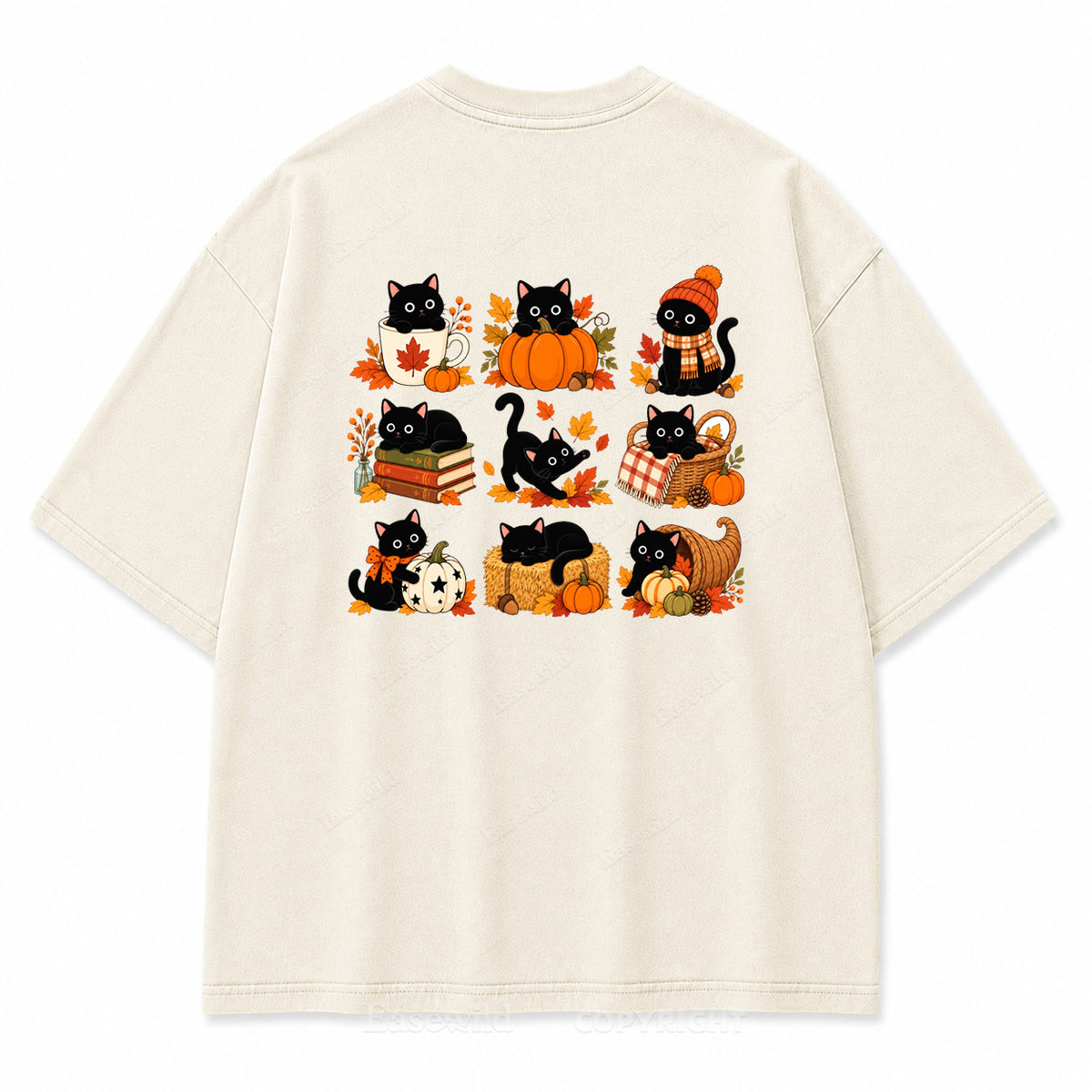 Autumn Black Cats & Pumpkins Washed Graphic T-Shirt