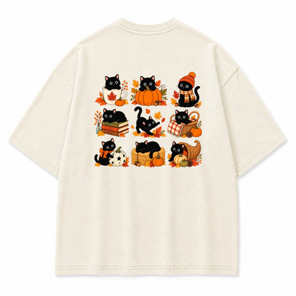 Autumn Black Cats & Pumpkins Washed Graphic T-Shirt