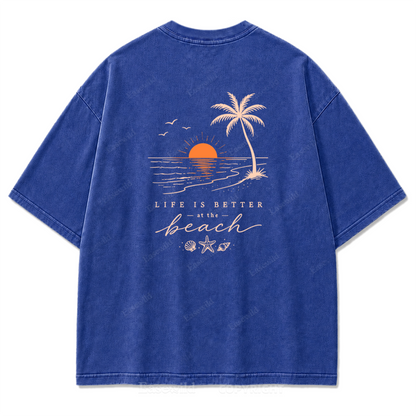 T-Shirt mit gewaschenem Aufdruck „Life Is Better at the Beach“