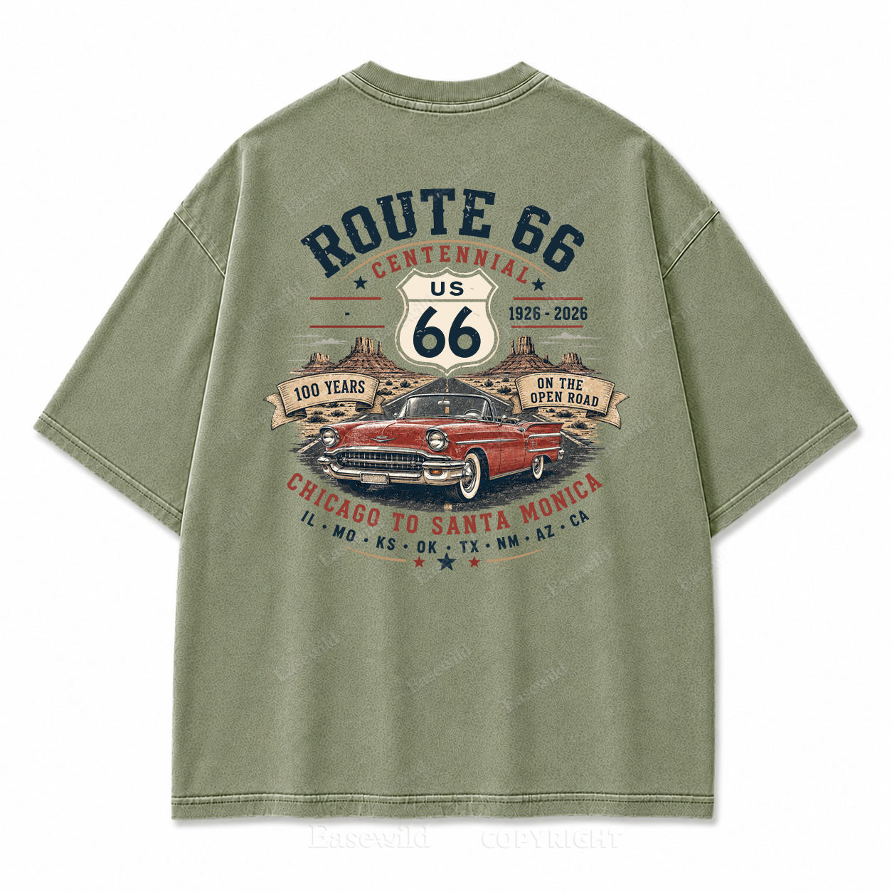 Route 66 Centennial Vintage Car Washed Back Print Tee