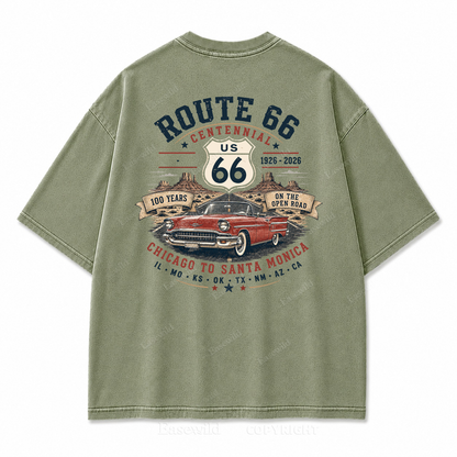 Route 66 Centennial Vintage Car Washed Back Print Tee