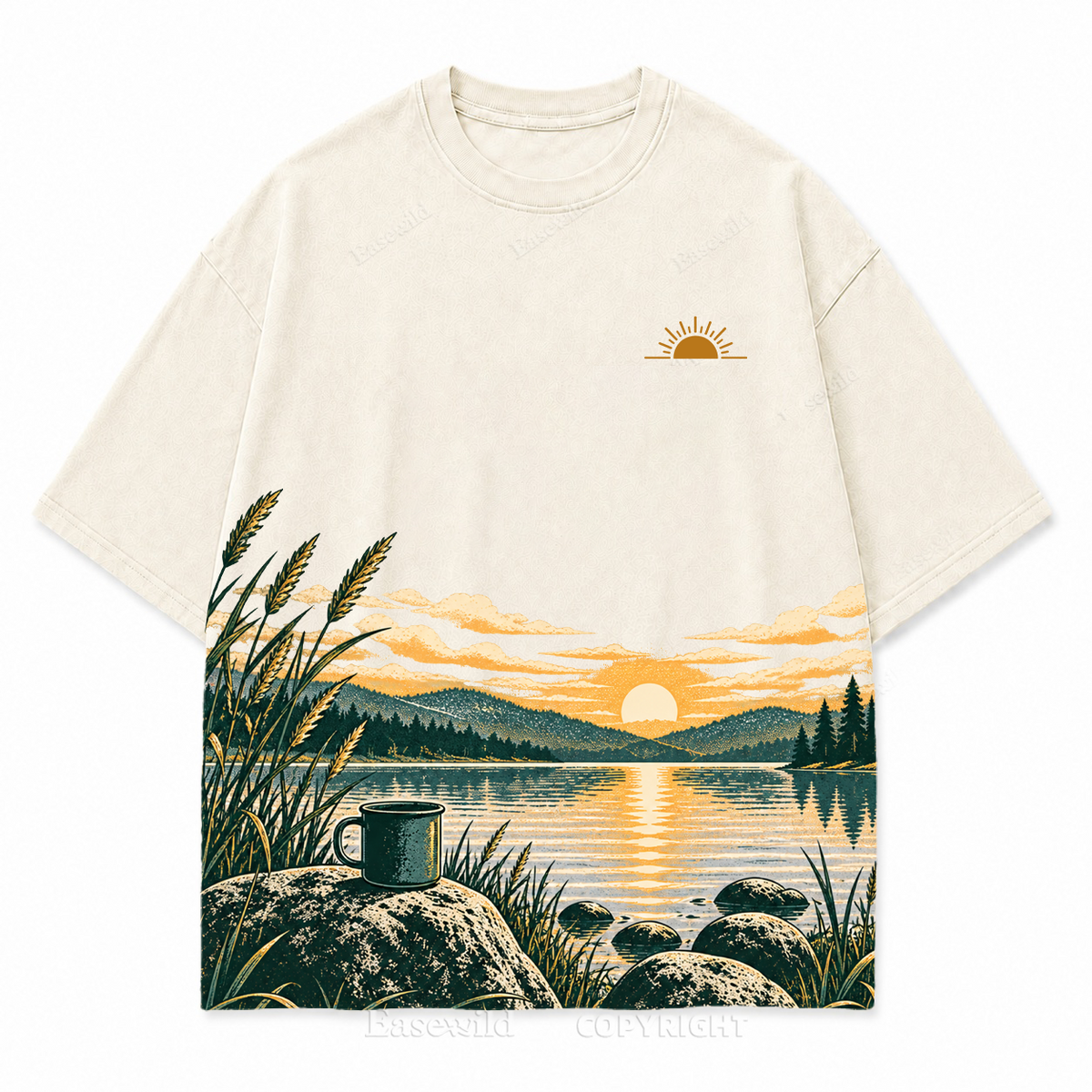 Vintage Lake Sunrise & Camping Mug Washed Graphic T-Shirt