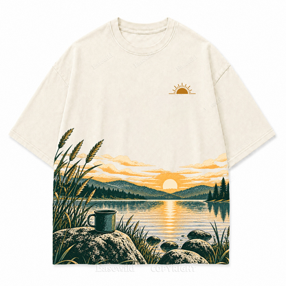 Vintage Lake Sunrise & Camping Mug Washed Graphic T-Shirt