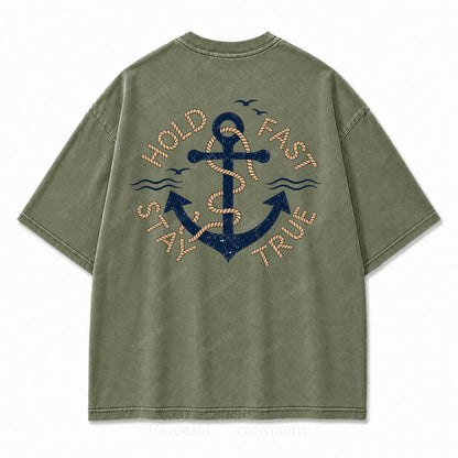 Hold Fast Stay True Nautical Anchor Washed Graphic Tee