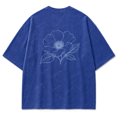 Blue Line Flower Washed Print T-Shirt