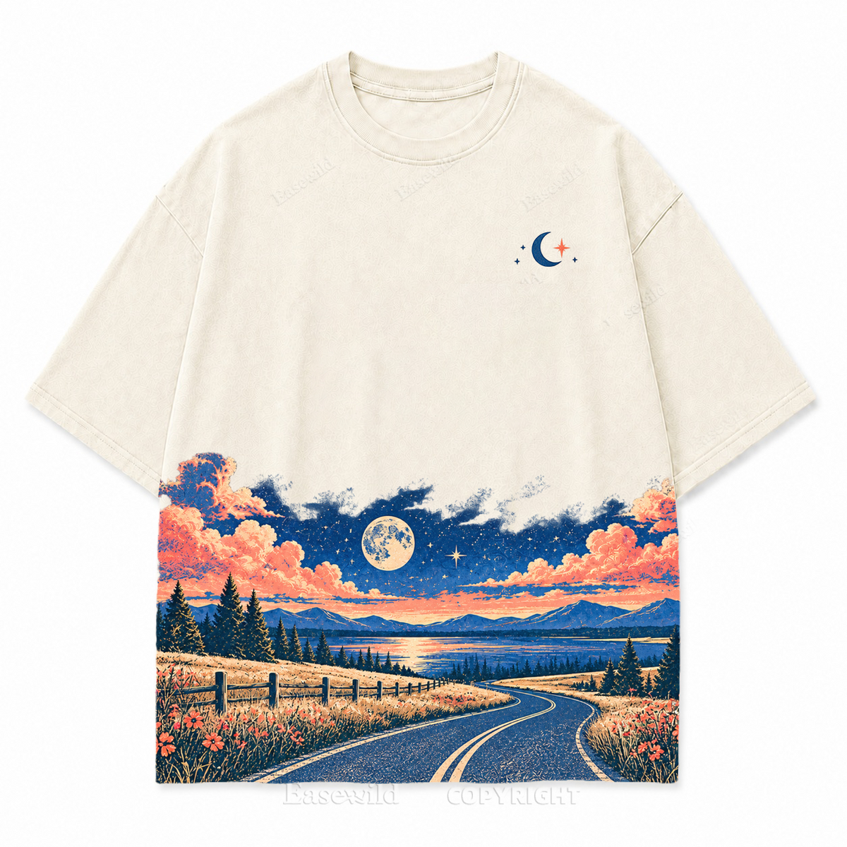 Vintage Moonlit Road & Lake Washed Graphic T-Shirt