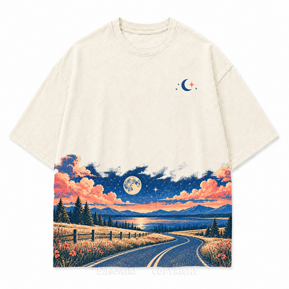 Vintage Moonlit Road & Lake Washed Graphic T-Shirt