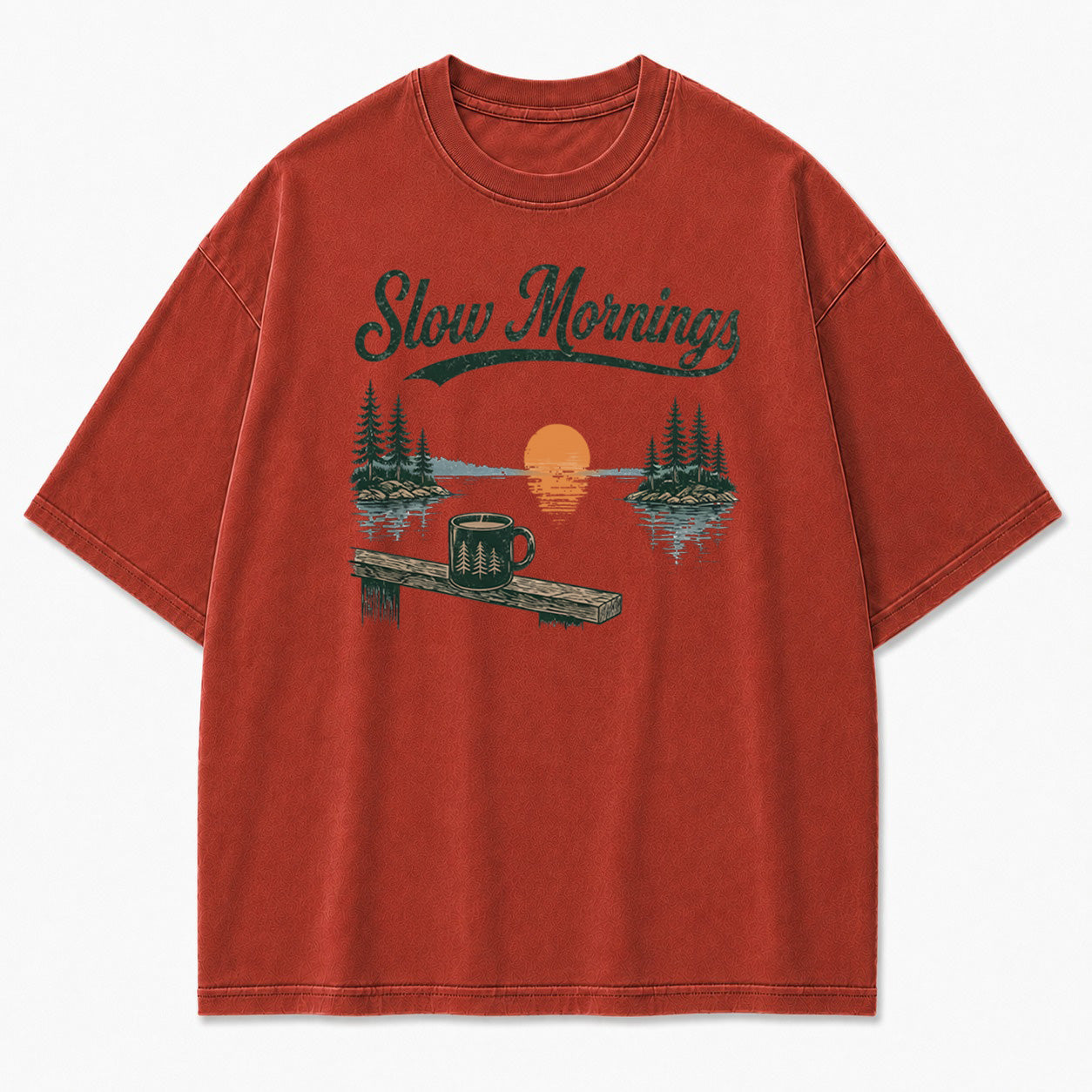 Slow Mornings Lake Coffee Graphic T-Shirt
