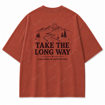 Take the Long Way Mountain Washed Back Print Tee