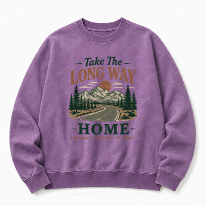 Take the Long Way Home Front Graphic Washed Crewneck