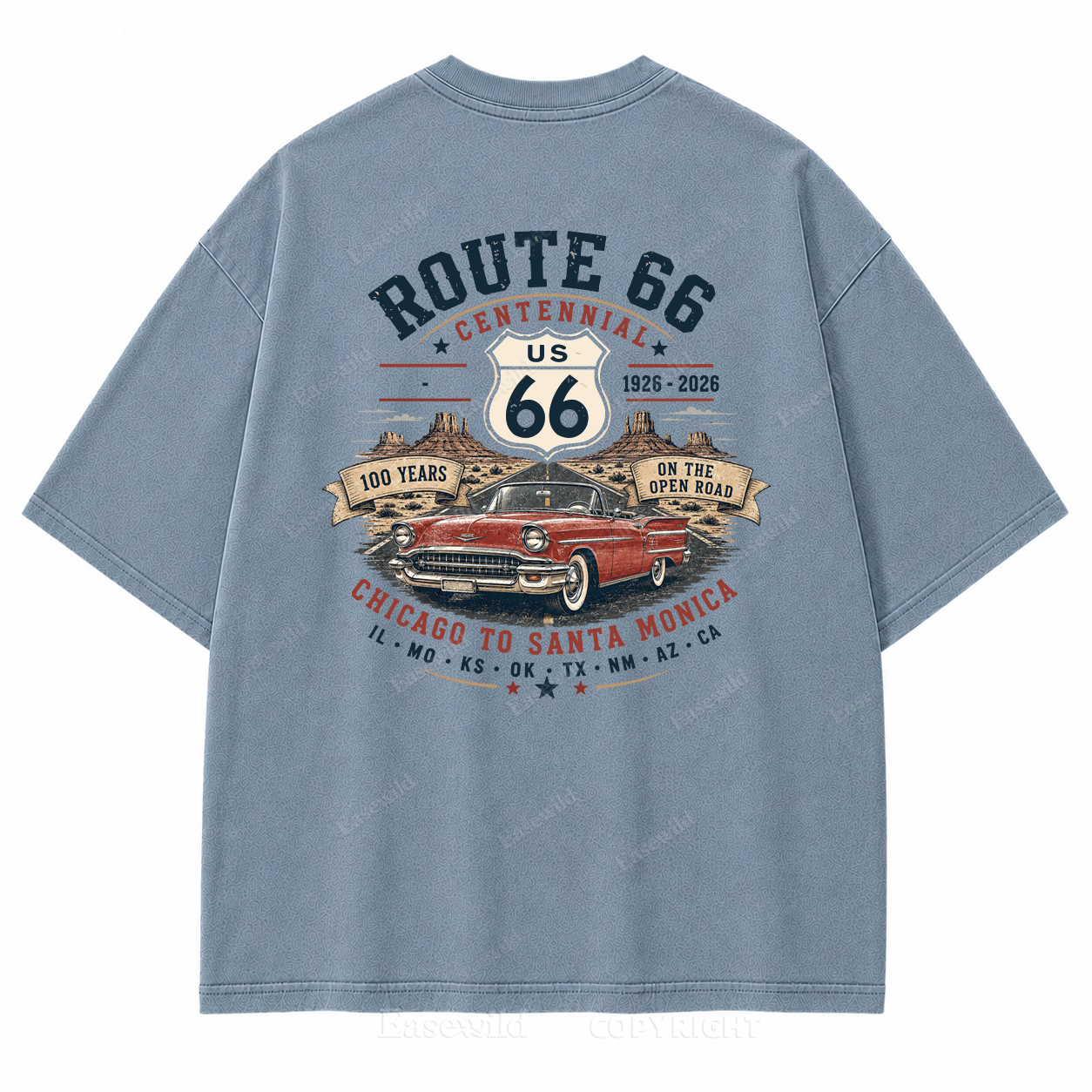 Route 66 Centennial Vintage Car Washed Back Print Tee
