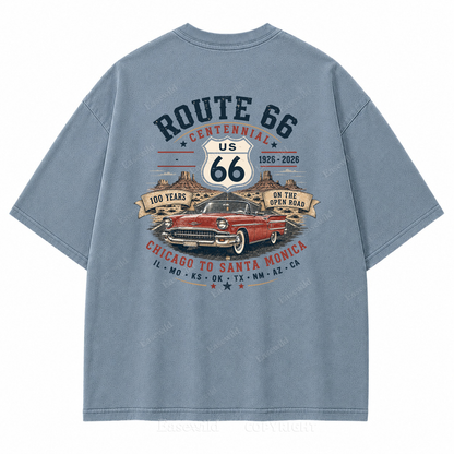 Route 66 Centennial Vintage Car Washed Back Print Tee