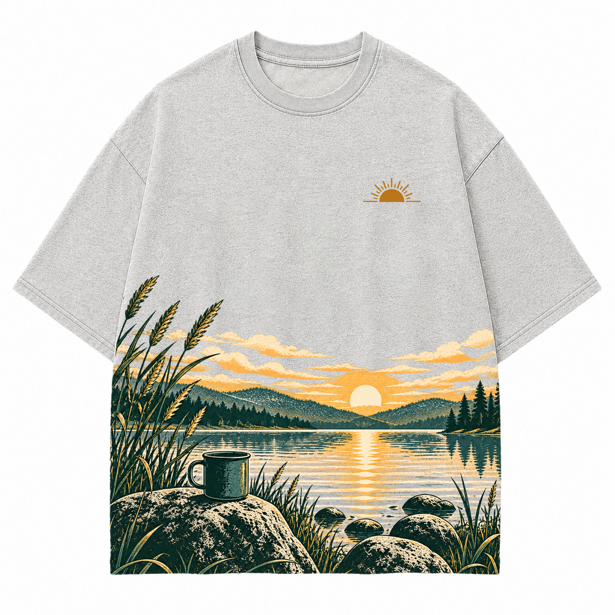 Vintage Lake Sunrise & Camping Mug Washed Graphic T-Shirt
