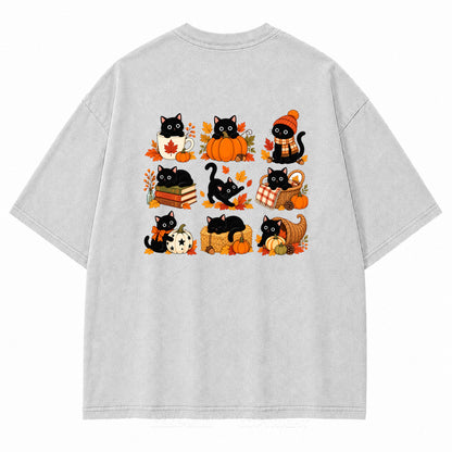 Autumn Black Cats & Pumpkins Washed Graphic T-Shirt