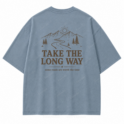 Take the Long Way Mountain Washed Back Print Tee