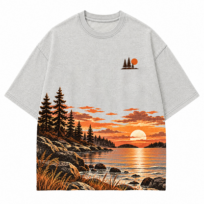 Vintage Sunset & Pine Trees Landscape Washed Graphic T-Shirt