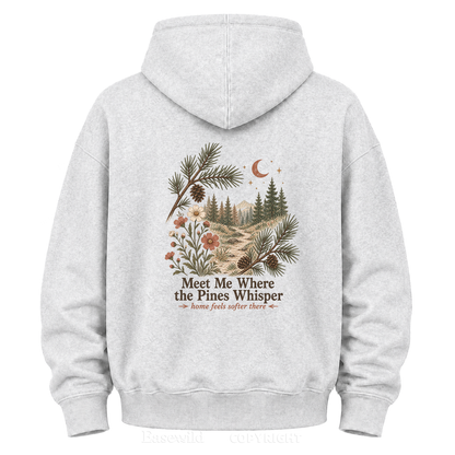 Meet Me Where the Pines Whisper Vintage Woodland Graphic Hoodie