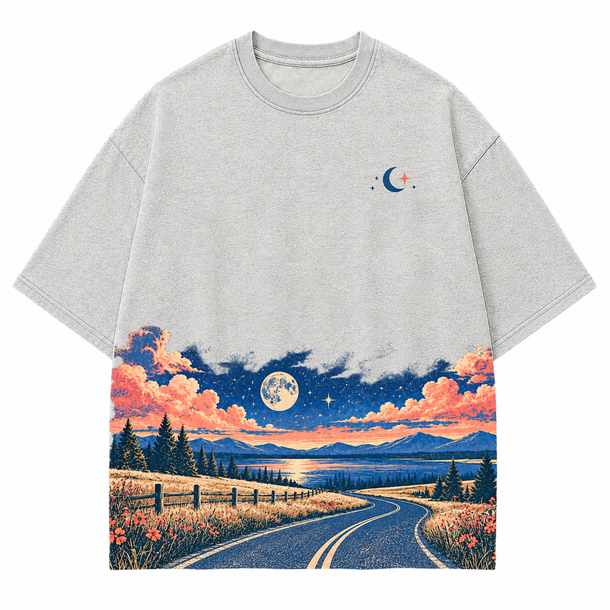 Vintage Moonlit Road & Lake Washed Graphic T-Shirt