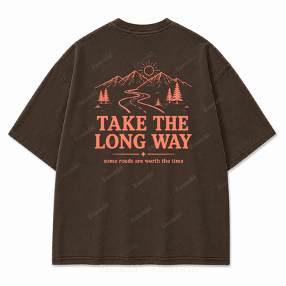 Take the Long Way Mountain Washed Back Print Tee