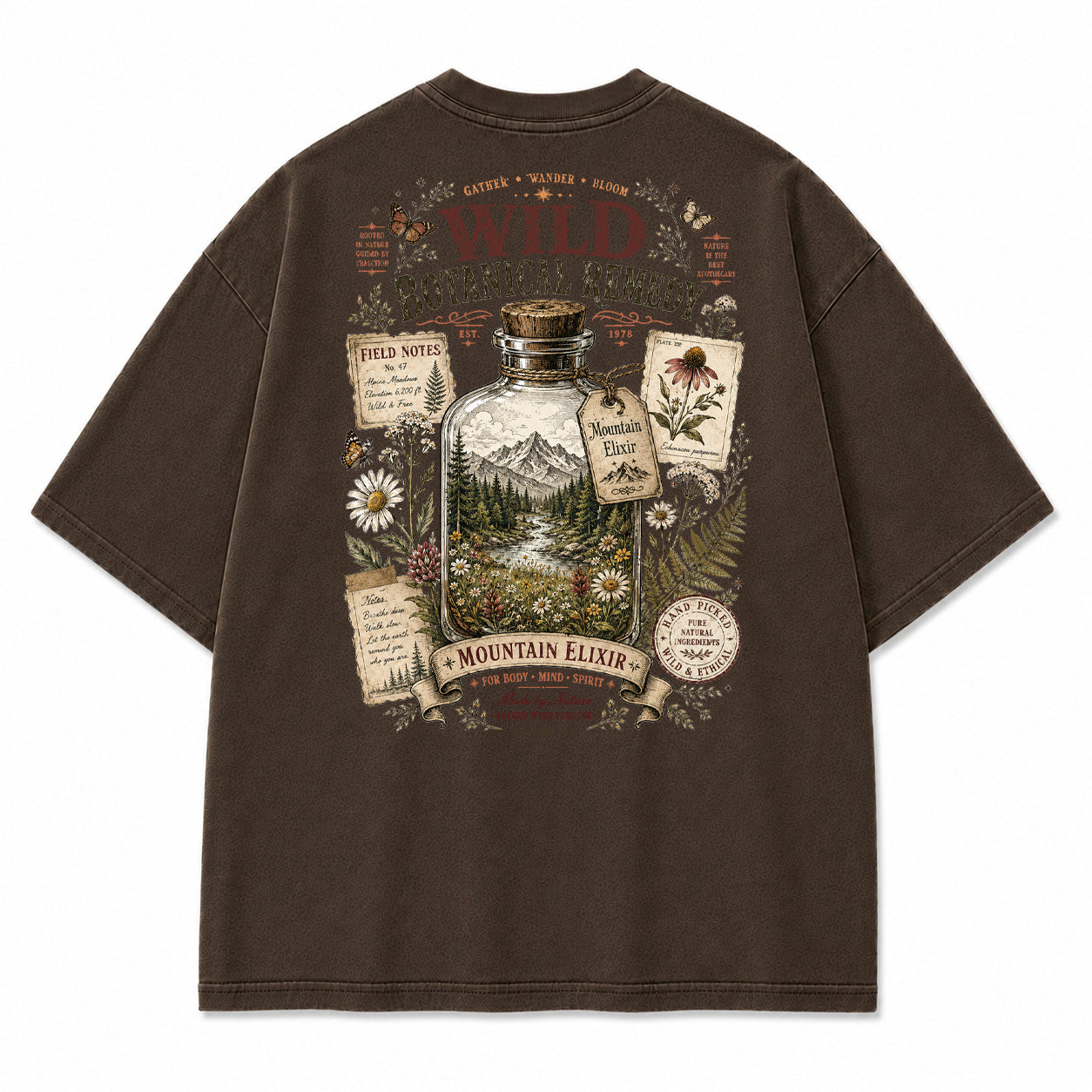Mountain Elixir Botanical Bottle Graphic T-Shirt