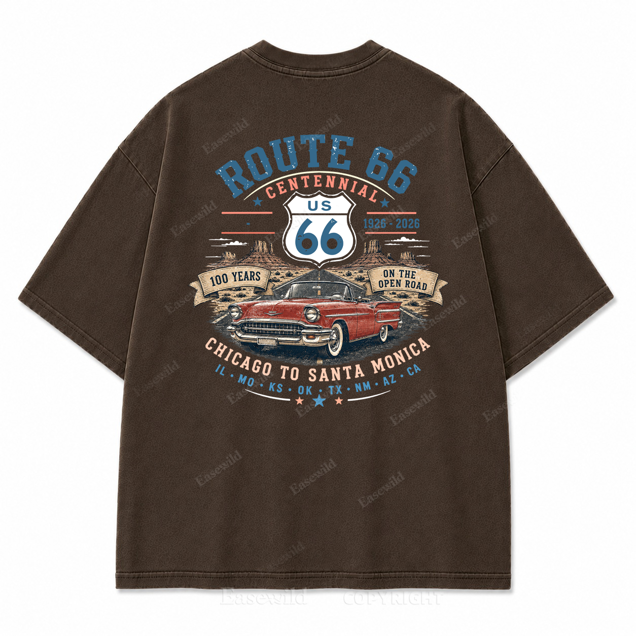 Route 66 Centennial Vintage Car Washed Back Print Tee
