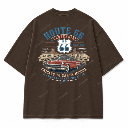 Route 66 Centennial Vintage Car Washed Back Print Tee