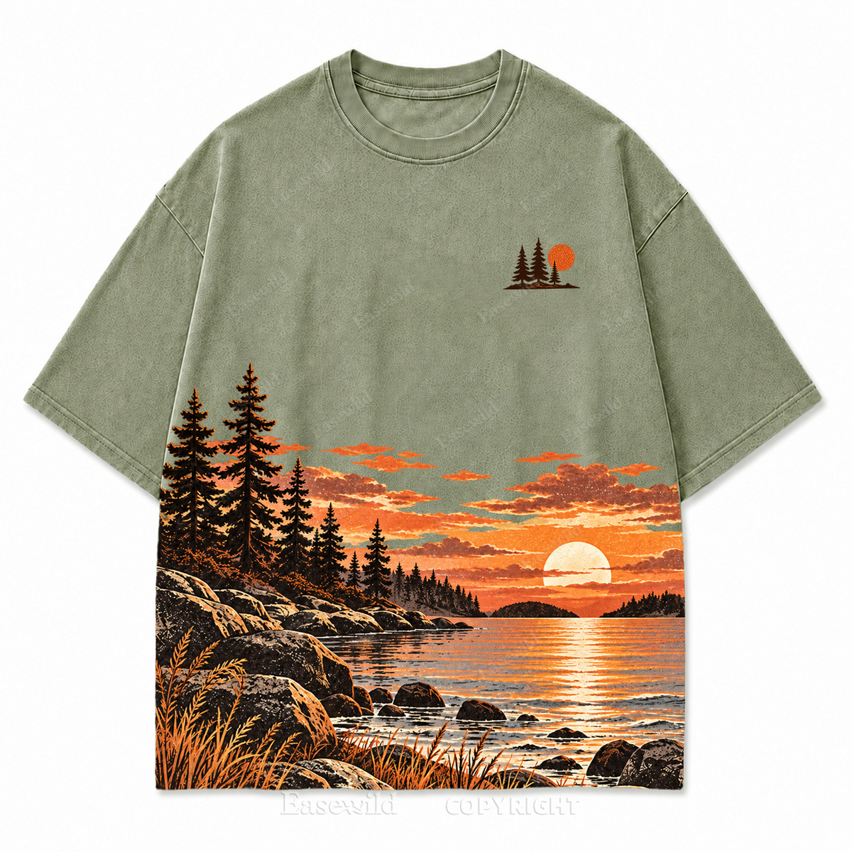 Vintage Sunset & Pine Trees Landscape Washed Graphic T-Shirt