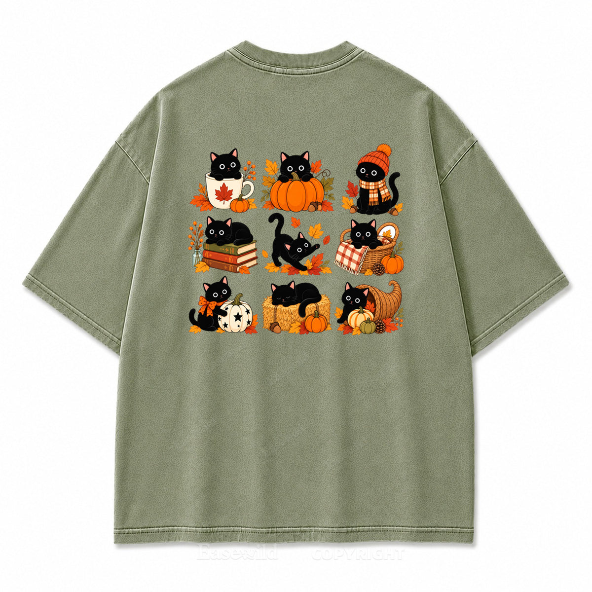 Autumn Black Cats & Pumpkins Washed Graphic T-Shirt