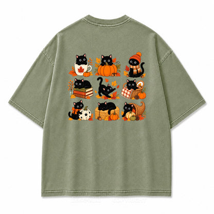 Autumn Black Cats & Pumpkins Washed Graphic T-Shirt