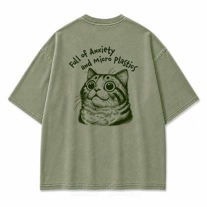 "Full of Anxiety and Micro Plastics" Funny Cat Washed Graphic T-Shirt